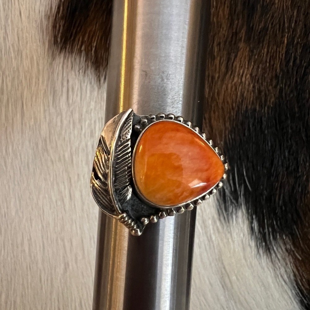 ❤️ Spiny Oyster Navajo Decorative Feather Sterling Silver Ring Size 8.75 - 7.5G - Picture 6 of 14